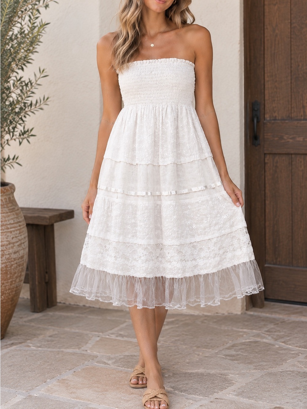 White Cottagecore Eyelet Lace Tiered Midi Dress Small Strapless Smocked Boho